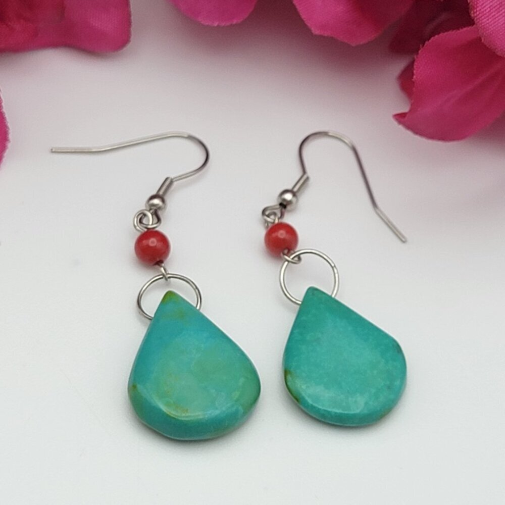 Blue Turquoise Red Agate Teardrop Earrings Silver Tone French Wire 1 Inch